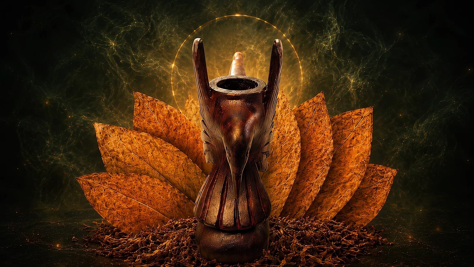 Mapacho smoke resolving into golden light over a carved ceremonial pipe